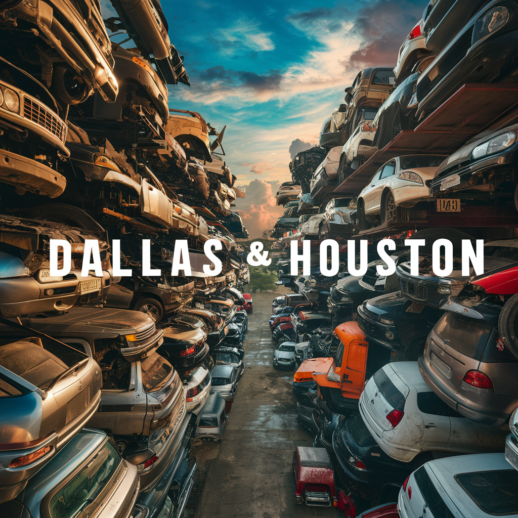 Stacks of salvaged cars at a large junkyard in Dallas and Houston. Car Parts in Texas.