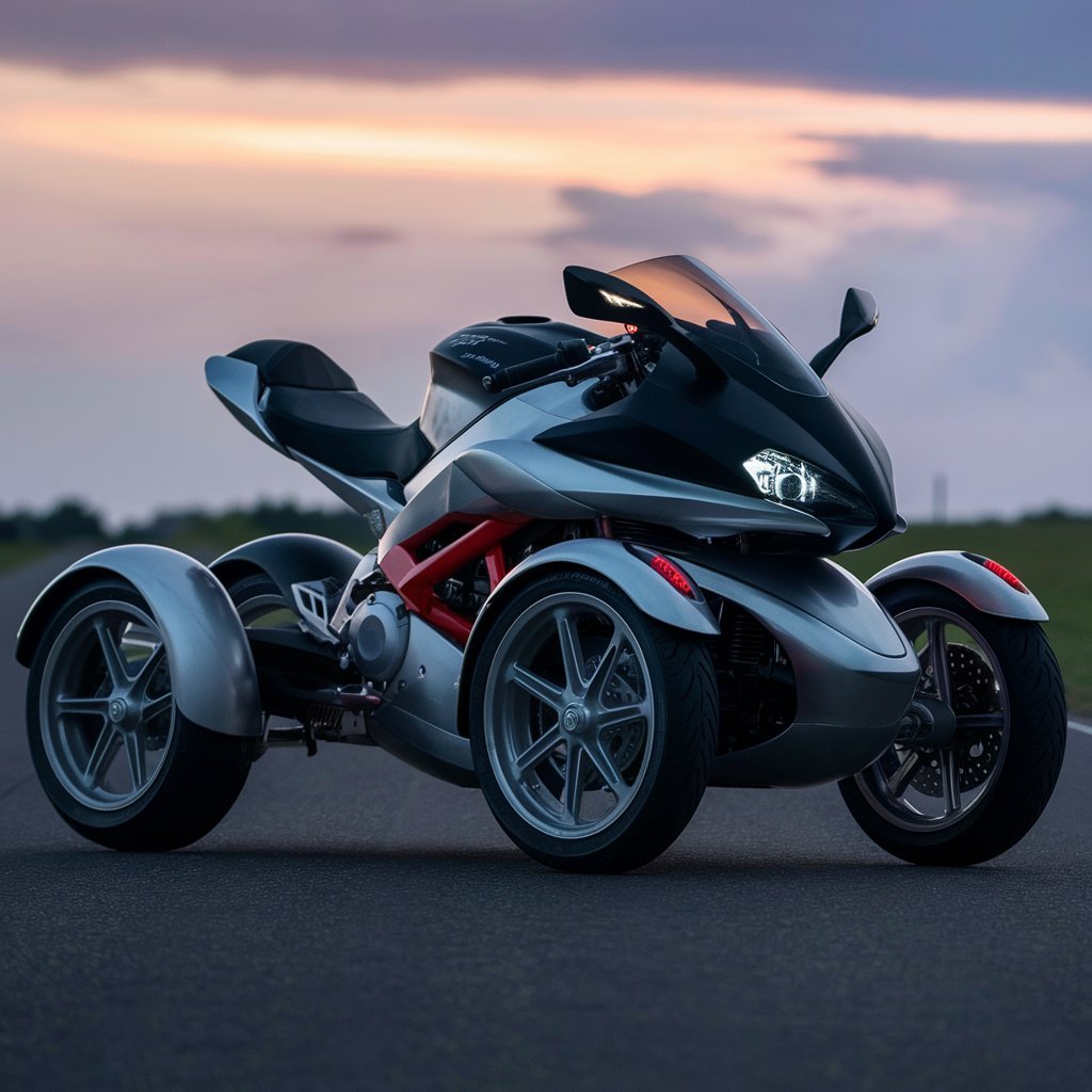 Side view of a sleek, modern 3-wheel motorcycle at dusk, showcasing its futuristic design and aerodynamic features.