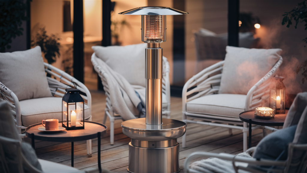 A cozy outdoor patio scene with a central focus on a tall, stylish [patio heaters] 