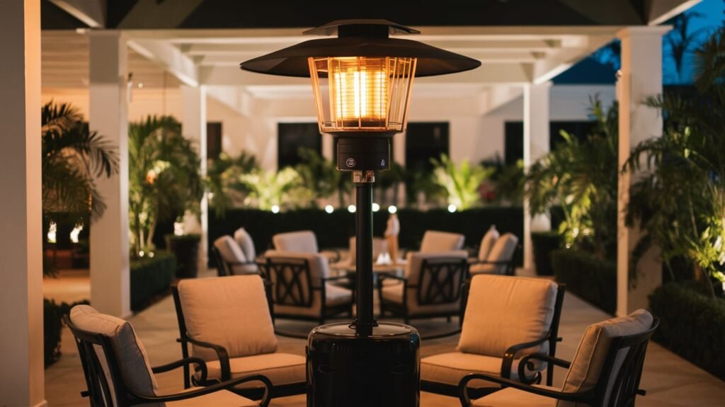 A cozy outdoor patio scene with a central focus on a tall, stylish [patio heaters] 