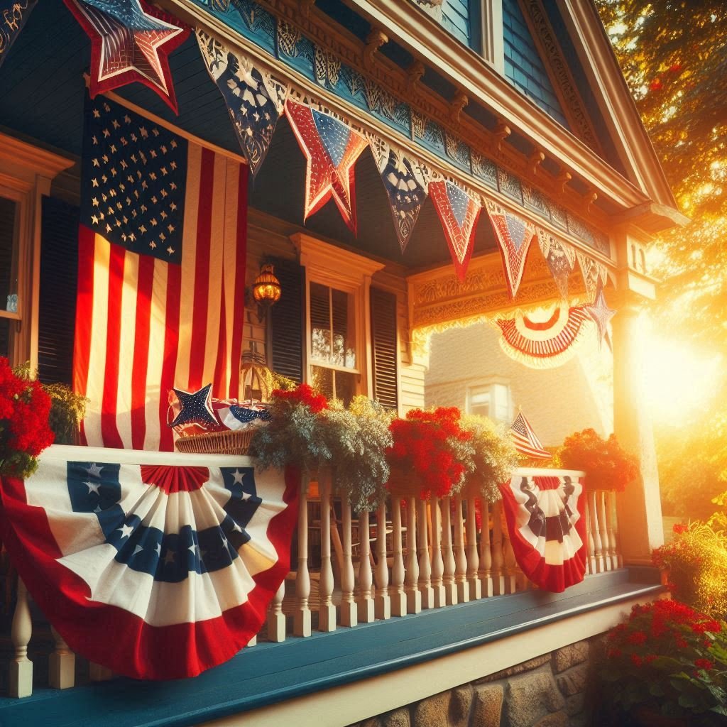 Fourth of July decorations adorning a country porch [patriotic decorations]