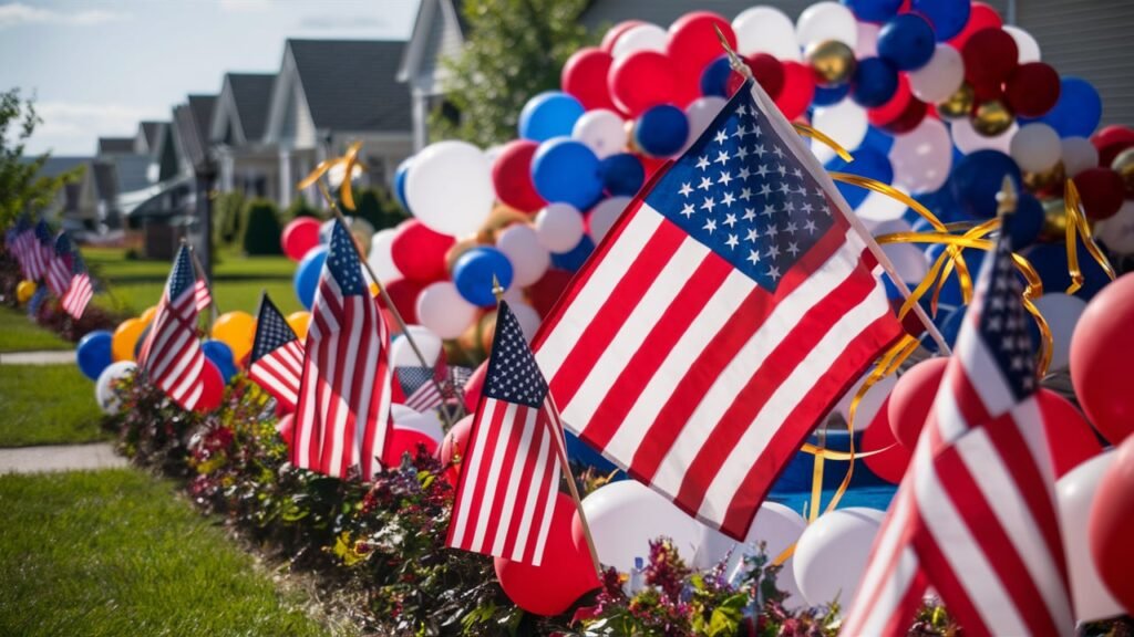 American flags flapping in the breeze [patriotic outdoor decor]