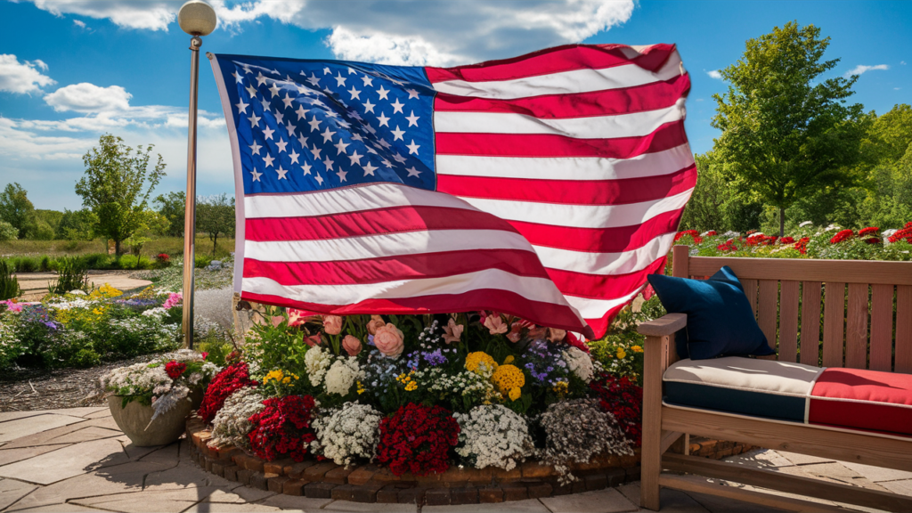 A vibrant and patriotic outdoor scene, showcasing an American flag flapping in the breeze [patriotic outdoor decor]