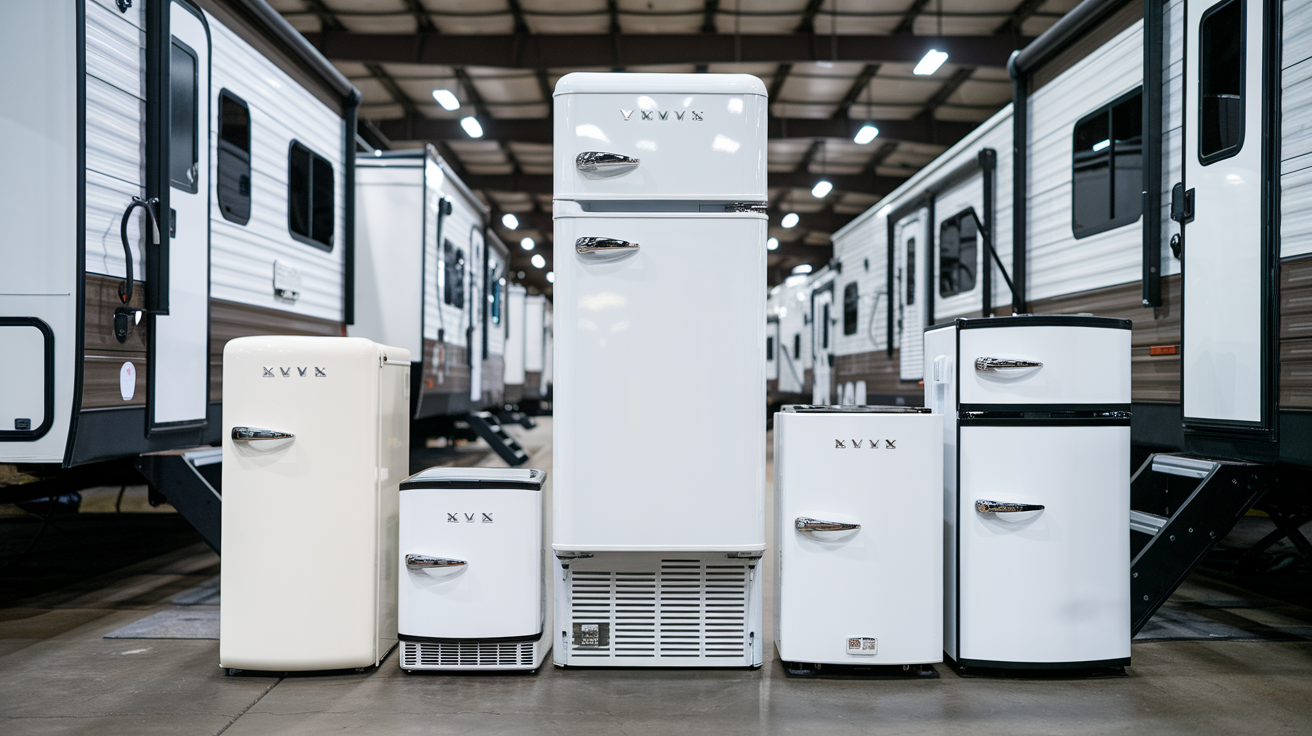 A lineup of Recreational Vehicle Refrigerators in various sizes, displayed in front of RVs inside a showroom.