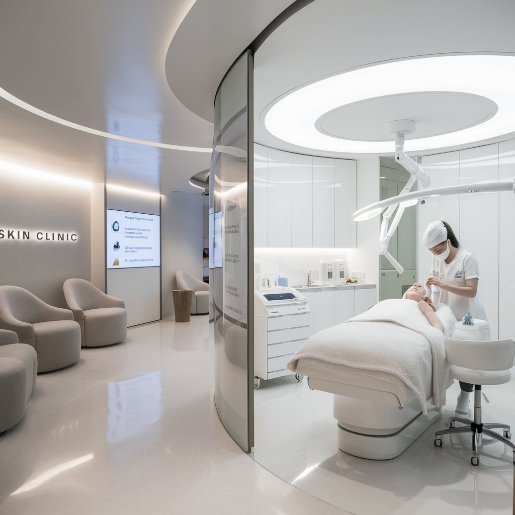 A modern Skin Care Clinic with a sleek design, where a professional is performing a facial treatment on a client.