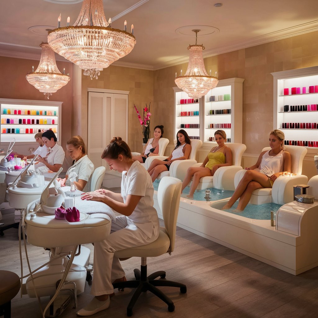 A group of women receive manicures and pedicures at a well-lit, elegant nail care spa.