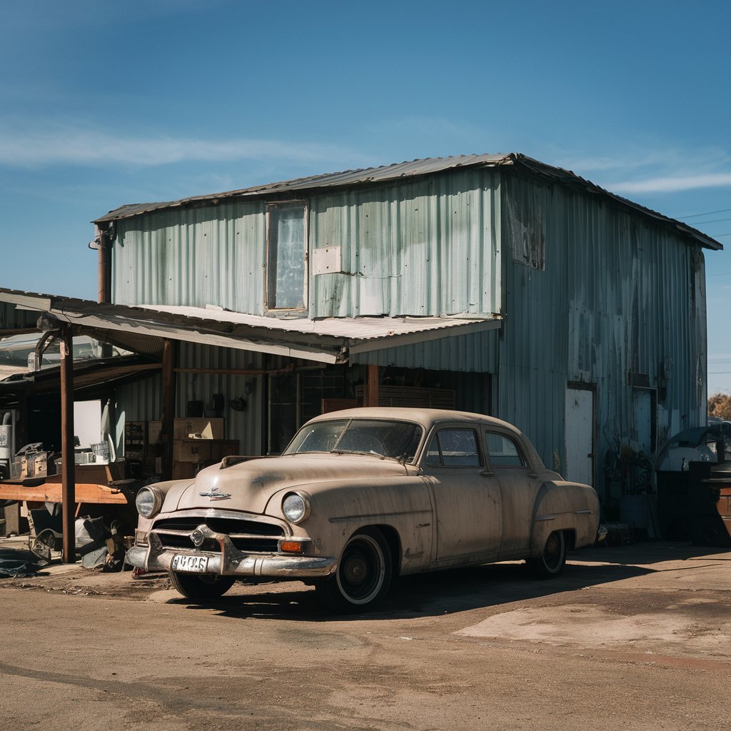 An old vintage car parked in front of a weathered metal building under a clear blue sky. Car Parts in Texas.