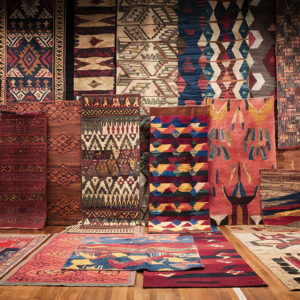 A vibrant display of various American made rugs featuring bold geometric patterns and rich colors, stacked and layered in a showroom setting.