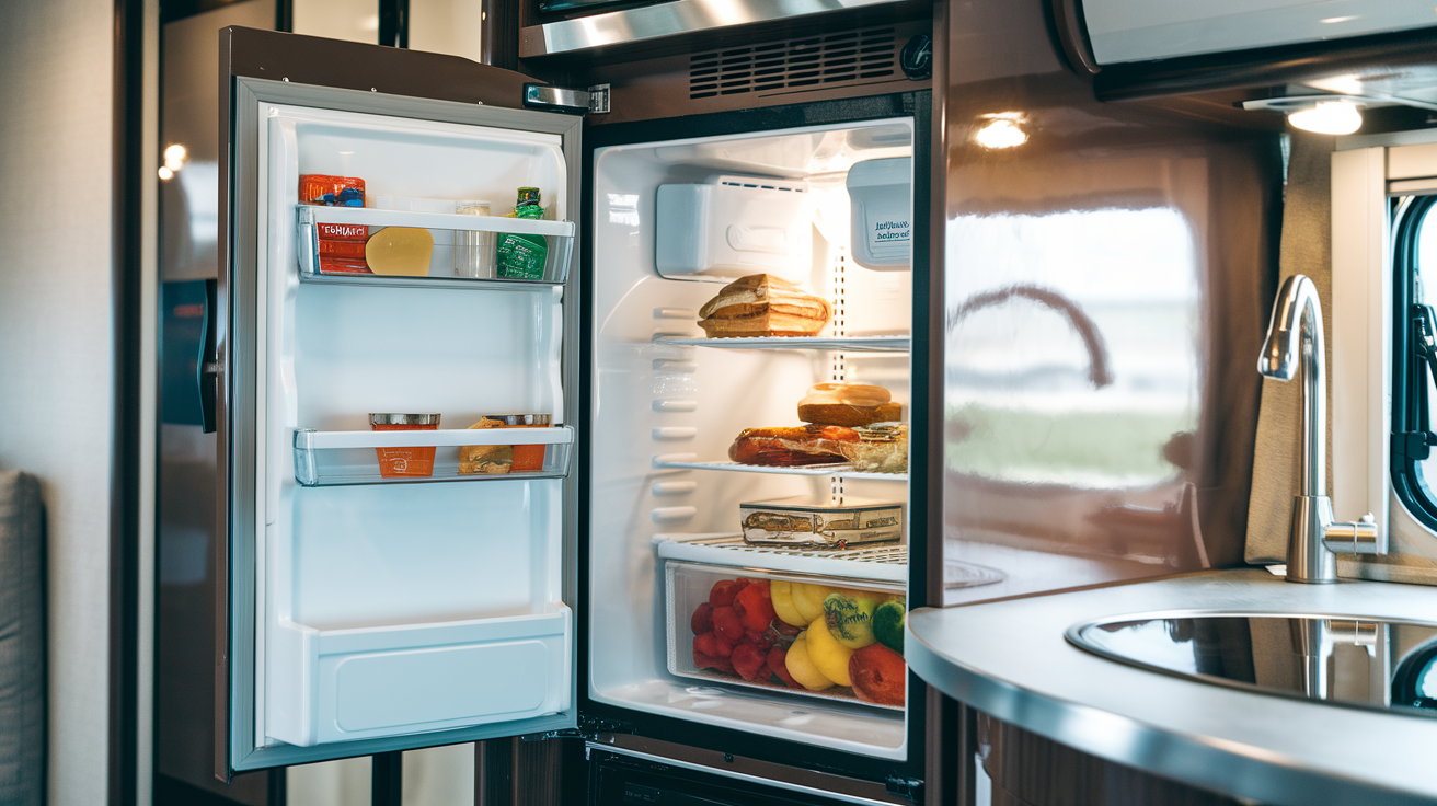 An open Recreational Vehicle Refrigerator in an RV kitchen, stocked with various food items including fruit, bread, and condiments.