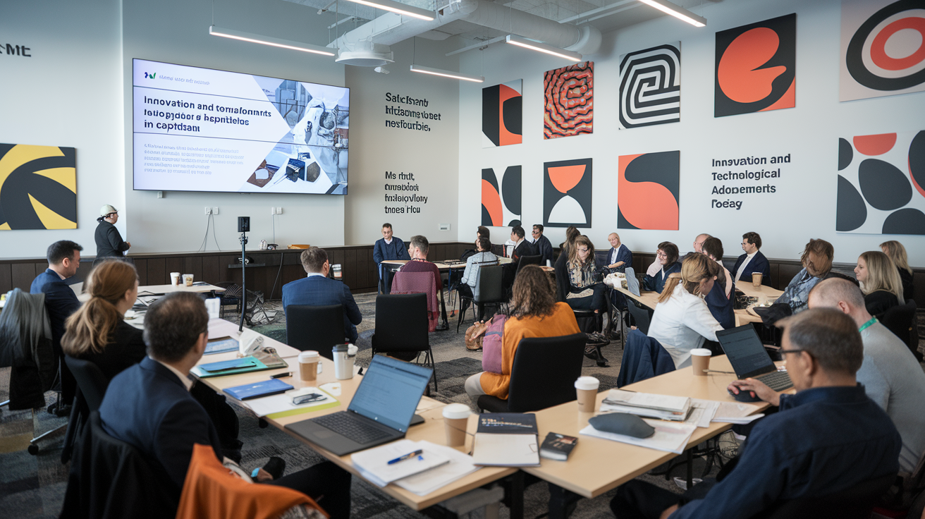 A diverse group of professionals attending a presentation on the benefits of capitalism in a modern conference room.