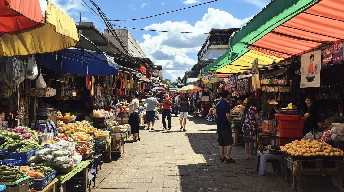 Vibrant street market with colorful stalls and diverse goods showcasing the dynamics of a free market economy.