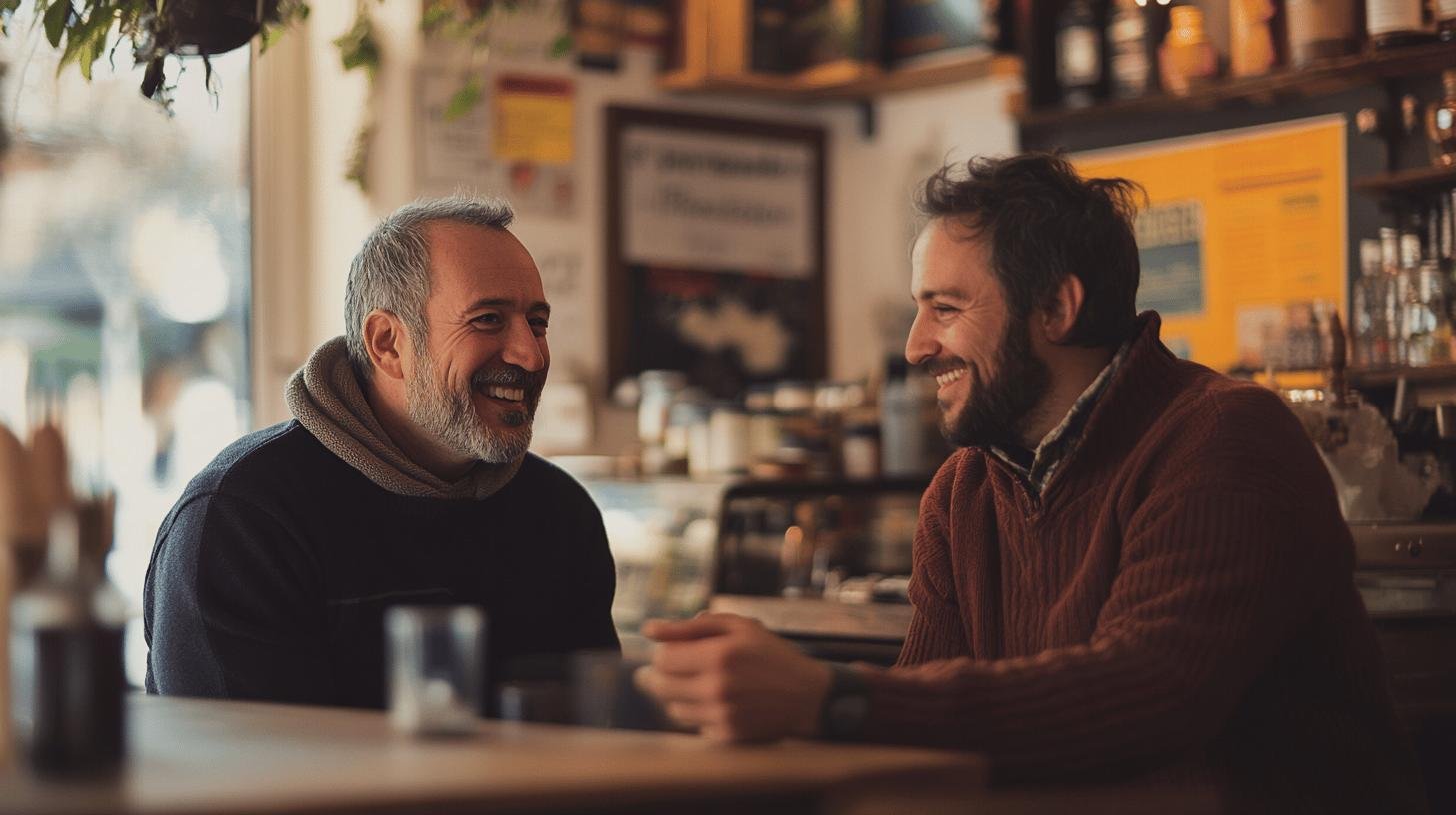 Two men smiling and having a conversation in a cozy setting, representing a customer-centric focus.