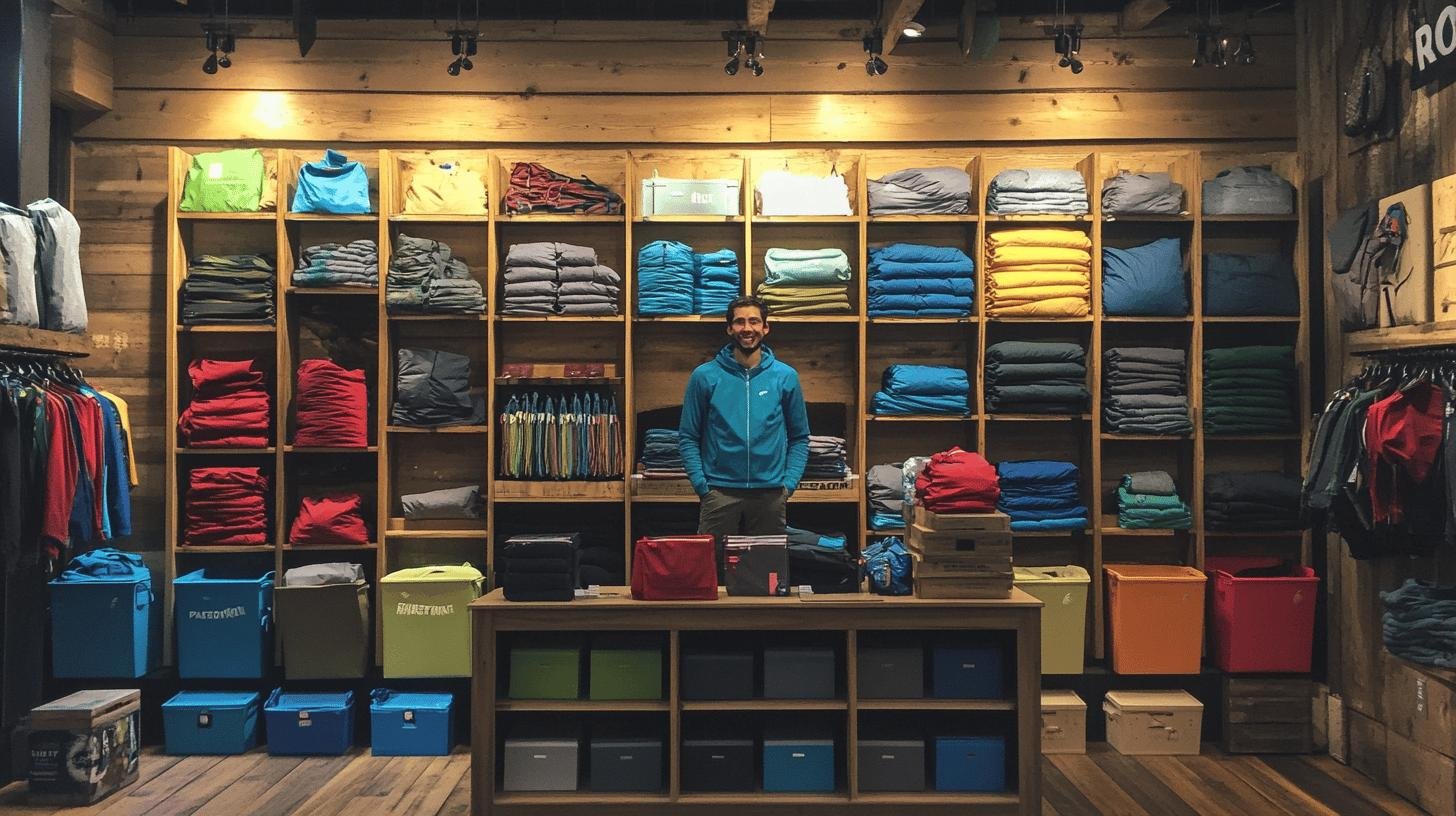 Sales associate smiling in a retail store with neatly organized shelves of colorful outdoor clothing and gear, representing strong integrity values in retail operations.