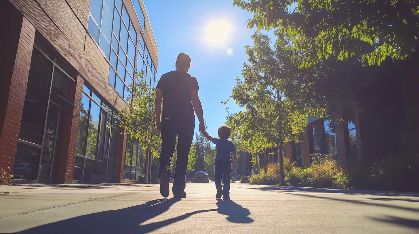 A parent walking hand-in-hand with a child outdoors, emphasizing family-oriented benefits for employees.