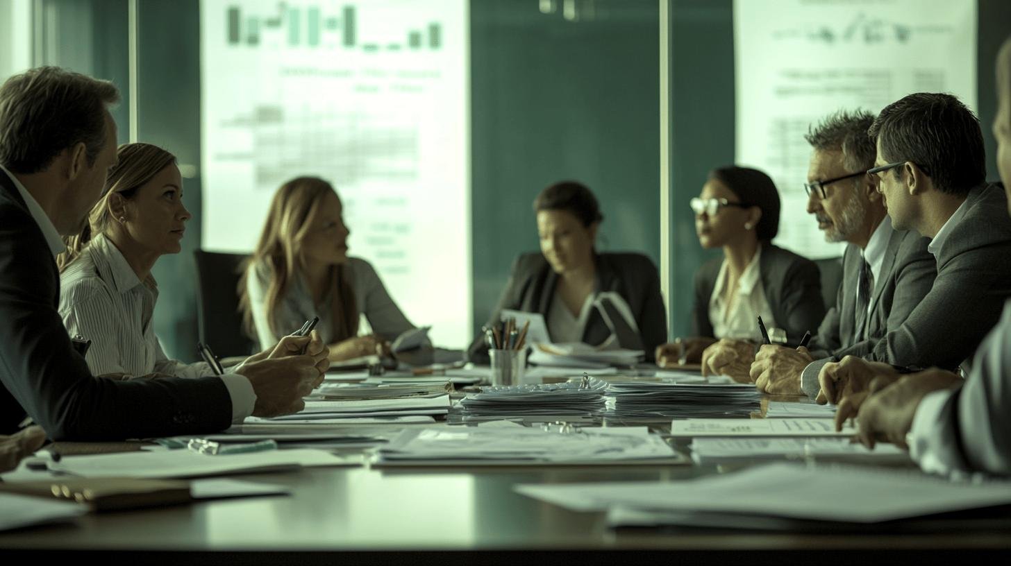 Business professionals discussing EEO classifications at a conference table.