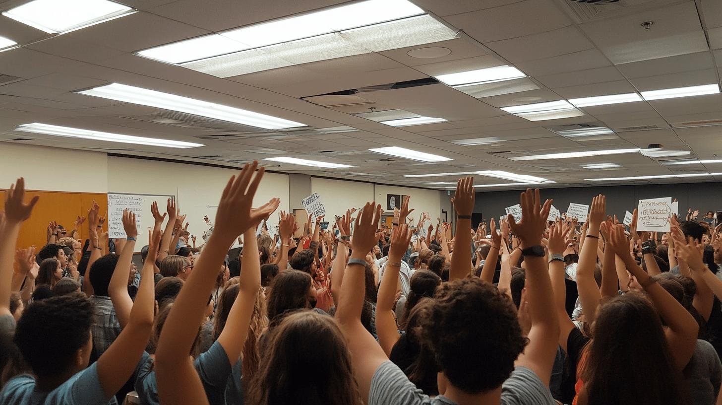 A large group of people raising their hands in a classroom discussing Critical Race Theory.