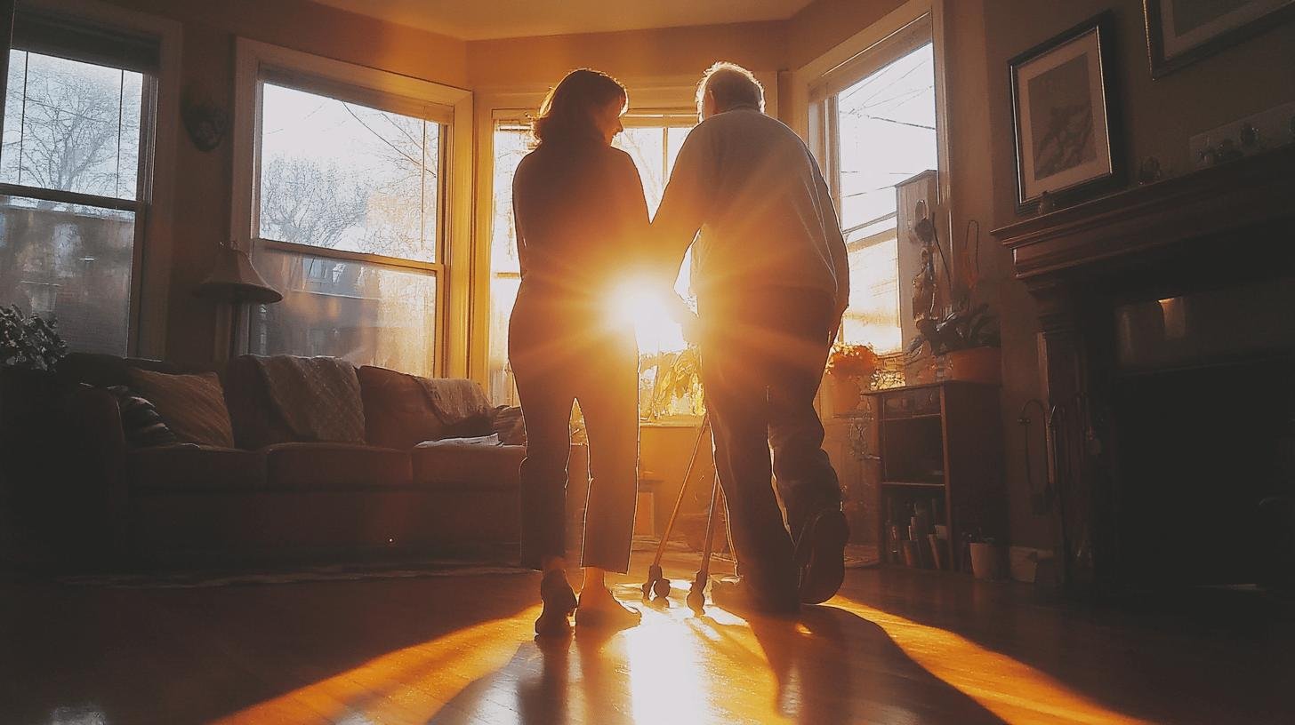 A caregiver supporting an elderly person at home, highlighting family-oriented benefits for employees.