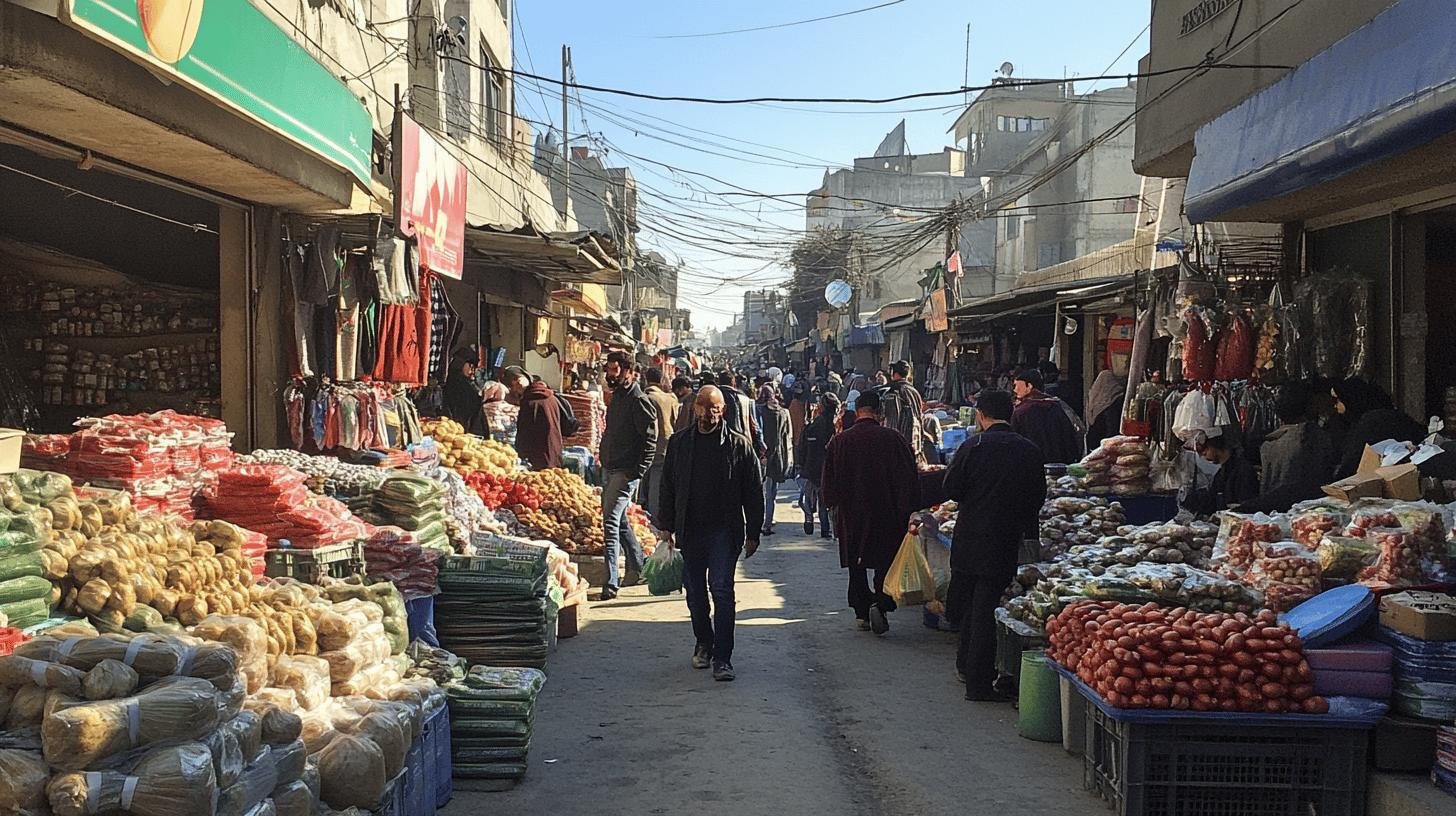 Busy street market scene with vendors selling diverse goods along a narrow road, showcasing the free enterprise system in action.