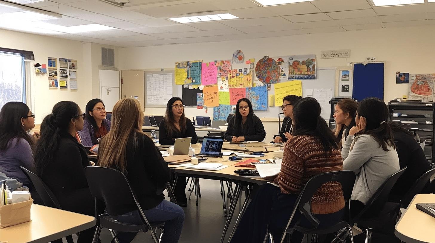 Group of educators discussing inclusive curriculum in a classroom – Examples of Woke Education Practices.