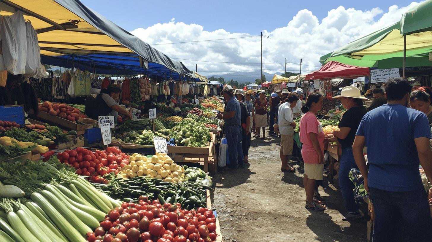 Vibrant outdoor market with bustling stalls selling a variety of fresh produce under colorful canopies, demonstrating the free enterprise system.