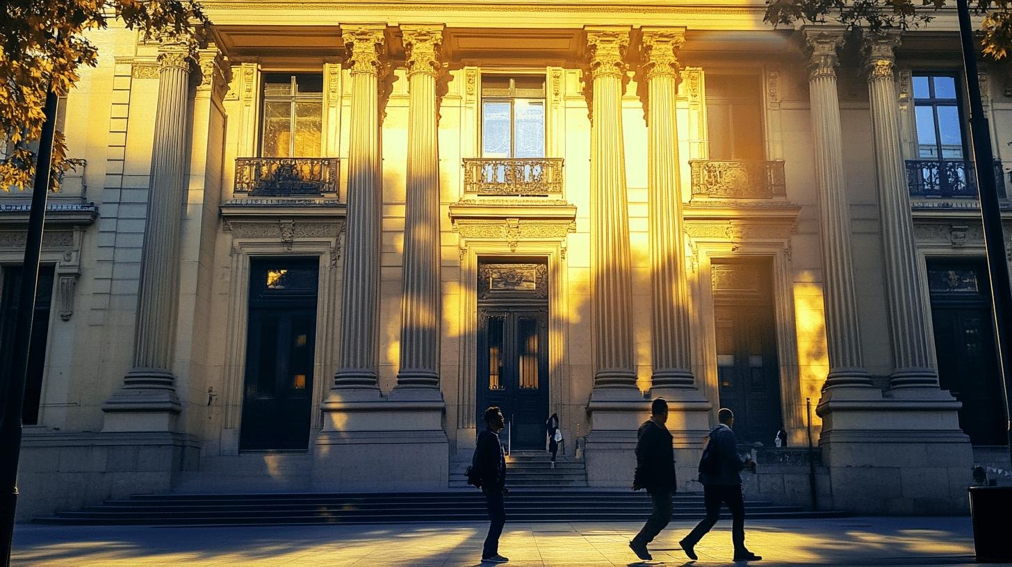 Golden sunlight bathing a classical architecture building symbolizing prosperity and stability in a free market economy.