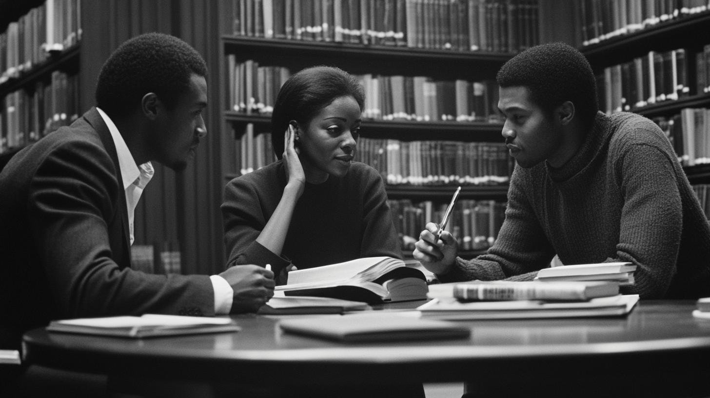 Three students studying in a library, discussing Critical Race Theory.