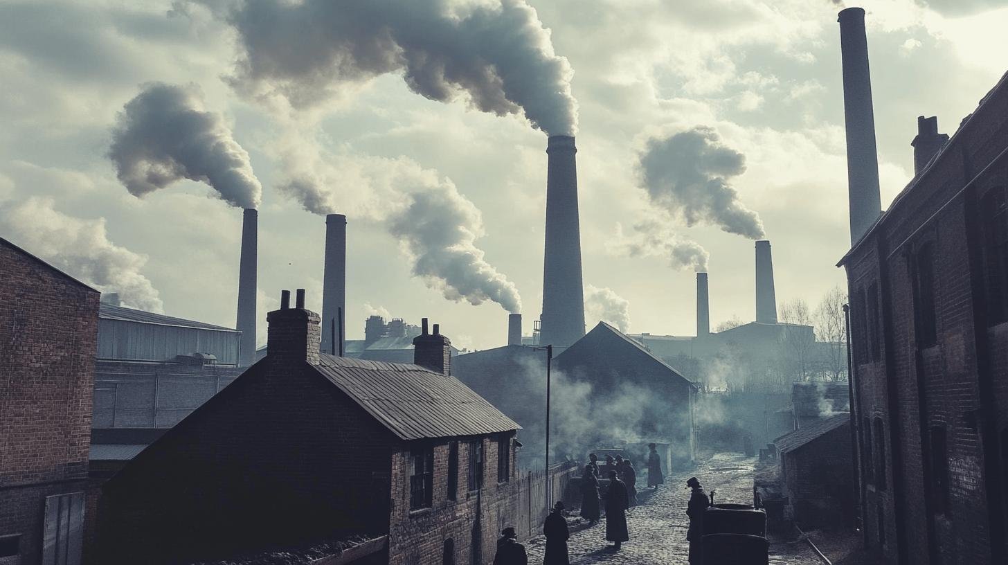 Industrial smokestacks emitting pollution into the air over a populated area, highlighting the environmental impact of industrial capitalism.