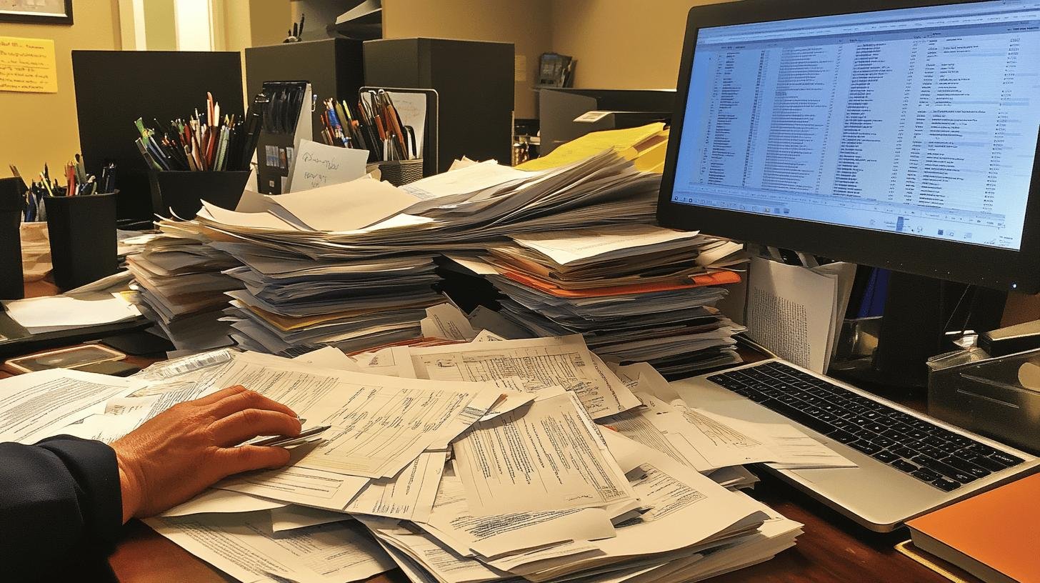 An office desk cluttered with piles of paperwork related to EEO classifications.