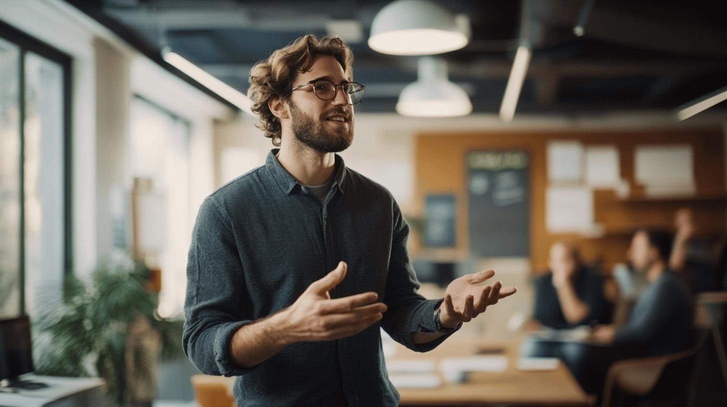 Man presenting ideas on entrepreneurship, promoting individual freedom and economic growth under capitalism.