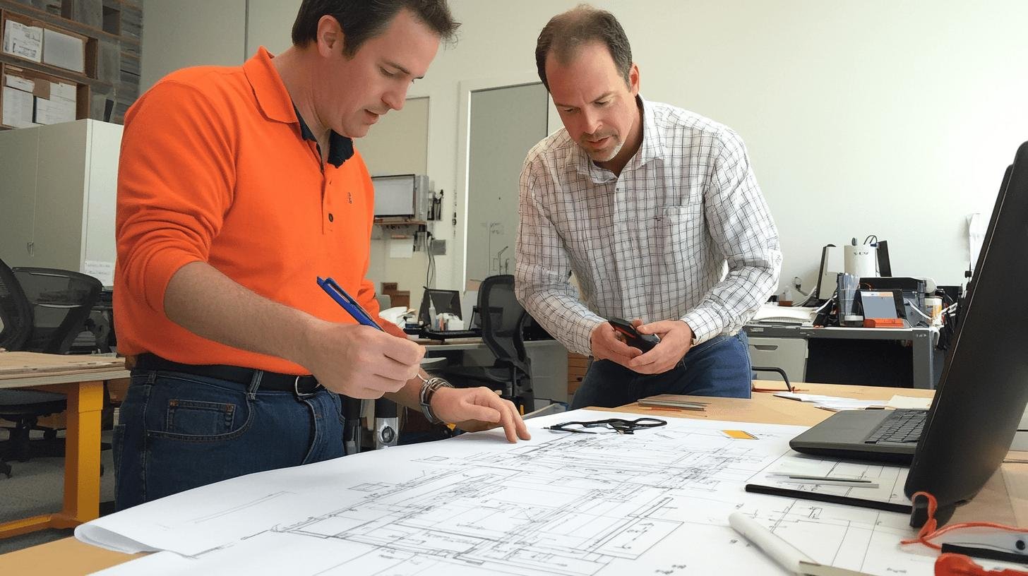 Two professionals collaborating on architectural designs to optimize workspace efficiency, reflecting on 'Capitalism for Economic Growth' by enhancing productivity.