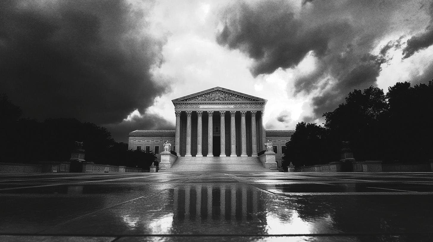 Supreme Court building with dramatic clouds, symbolizing the legal debate on Race-Based Admissions.