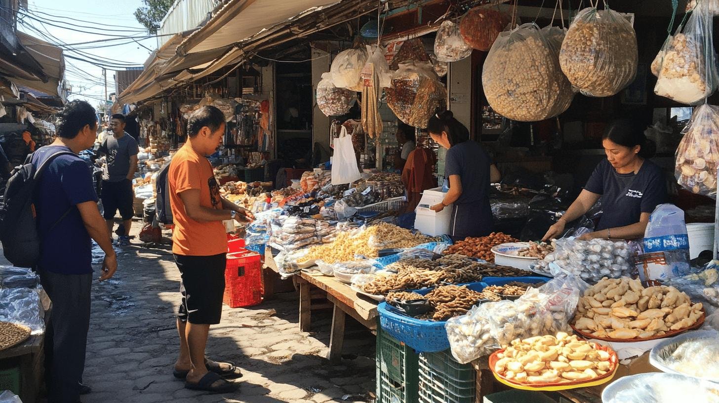 A bustling outdoor market scene showcasing various stalls with people buying and selling goods, illustrating the benefits of capitalism through vibrant economic activity.