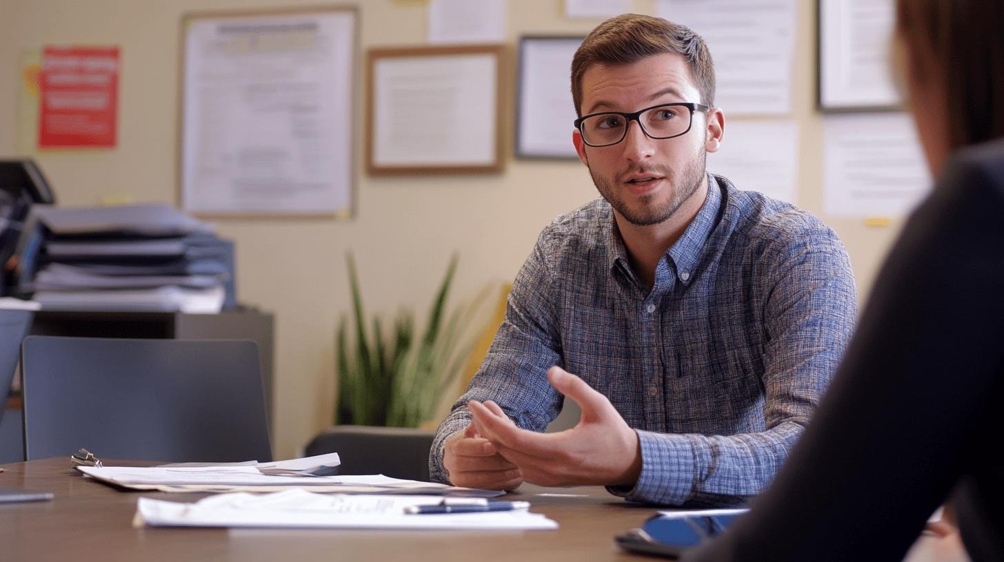 A professional discussing Equal Employment Opportunity questions in an office setting.