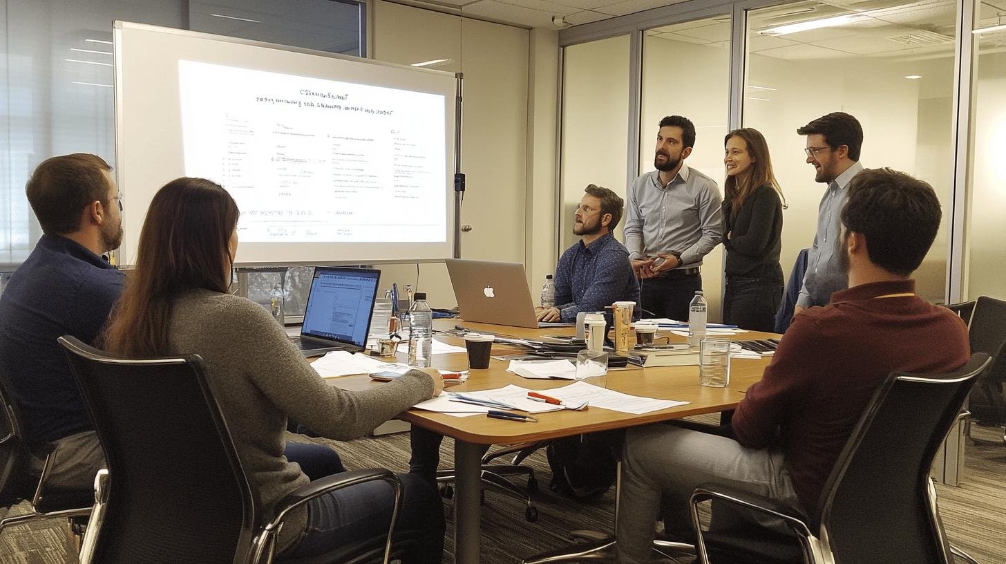 Team meeting in a modern office discussing corporate strategies with a focus on 'Corporate Values Integrity' displayed on a presentation screen.