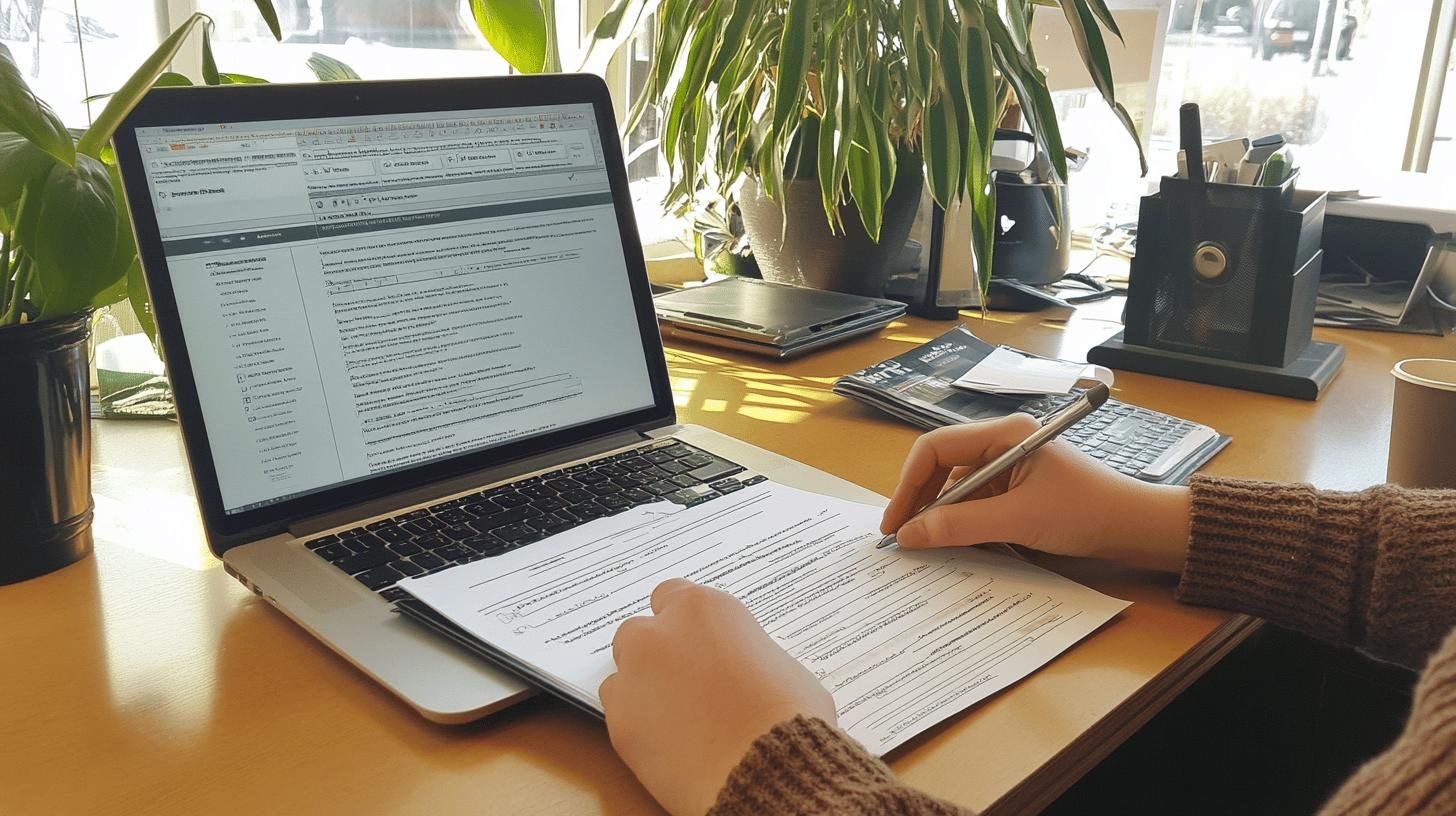 Person editing a blog post related to EEO Decisions on a laptop in a sunny office environment.