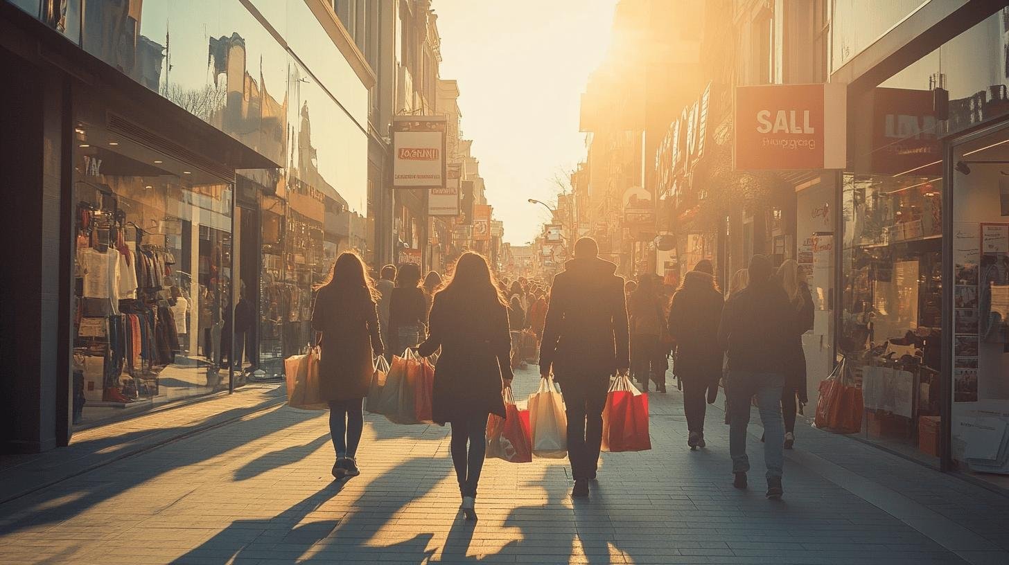 Shoppers strolling through a bustling commercial street, exemplifying Market Economy Buying Decisions in retail environments.