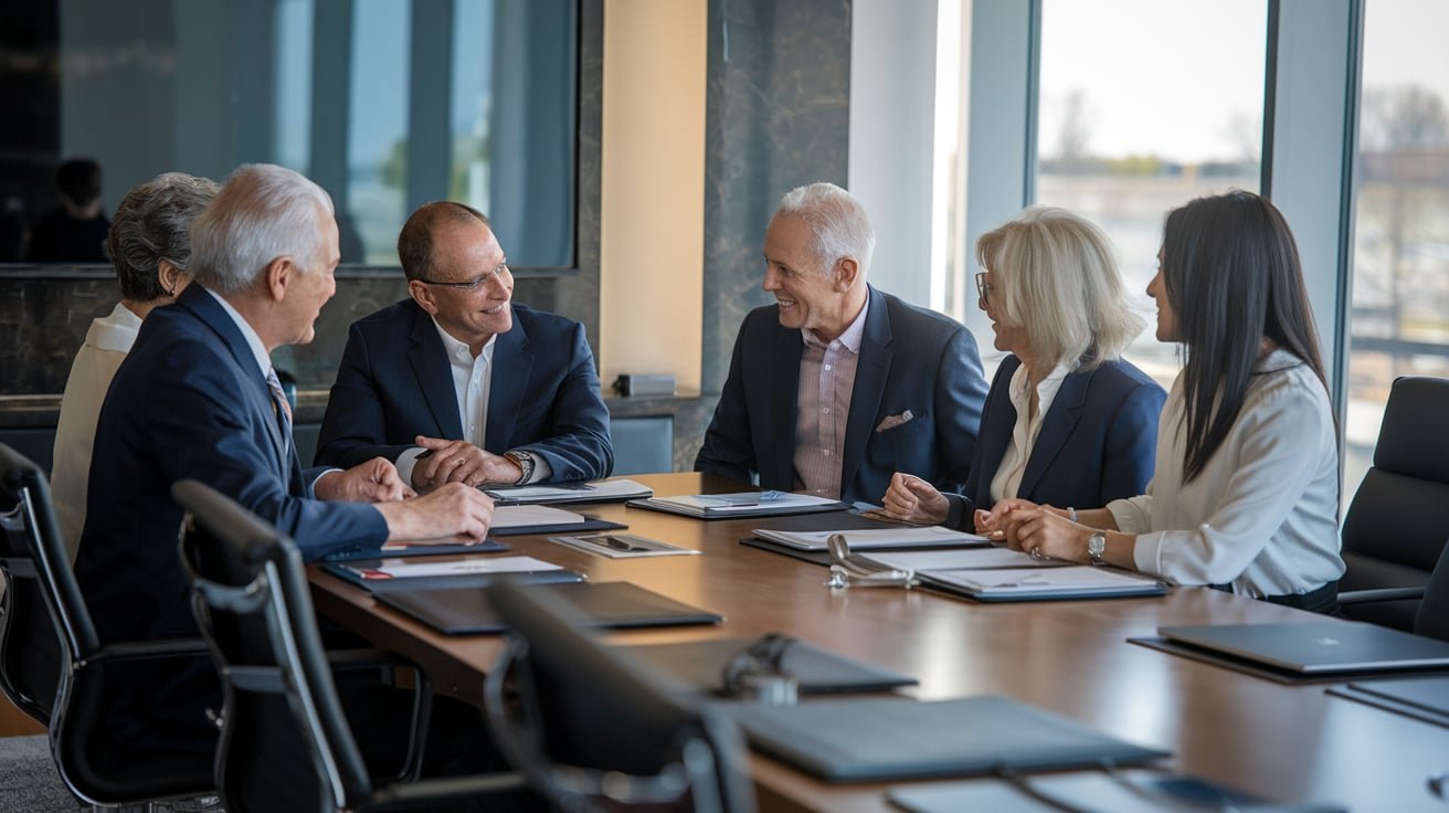 A family meeting in a boardroom discussing family business growth.