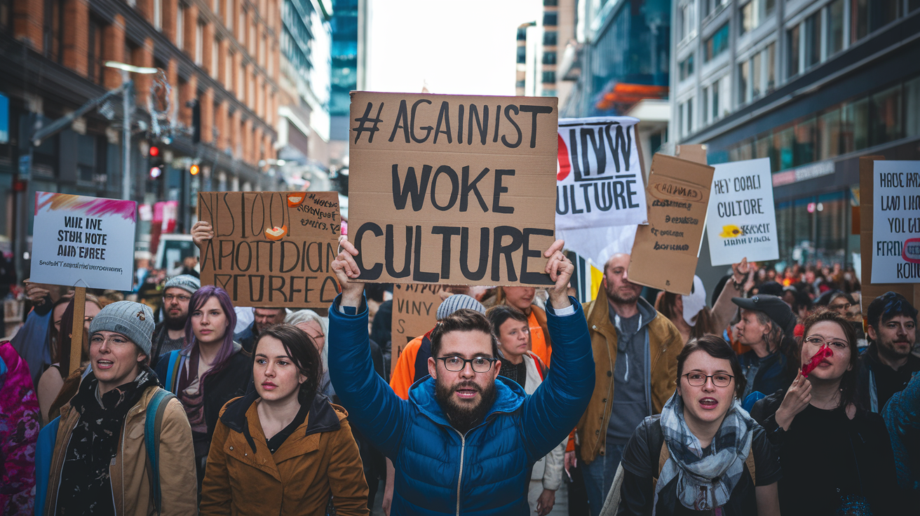 Protesters holding signs against woke issues during a city march.