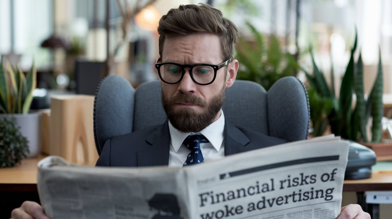 Man reading newspaper about the financial risks of woke advertising