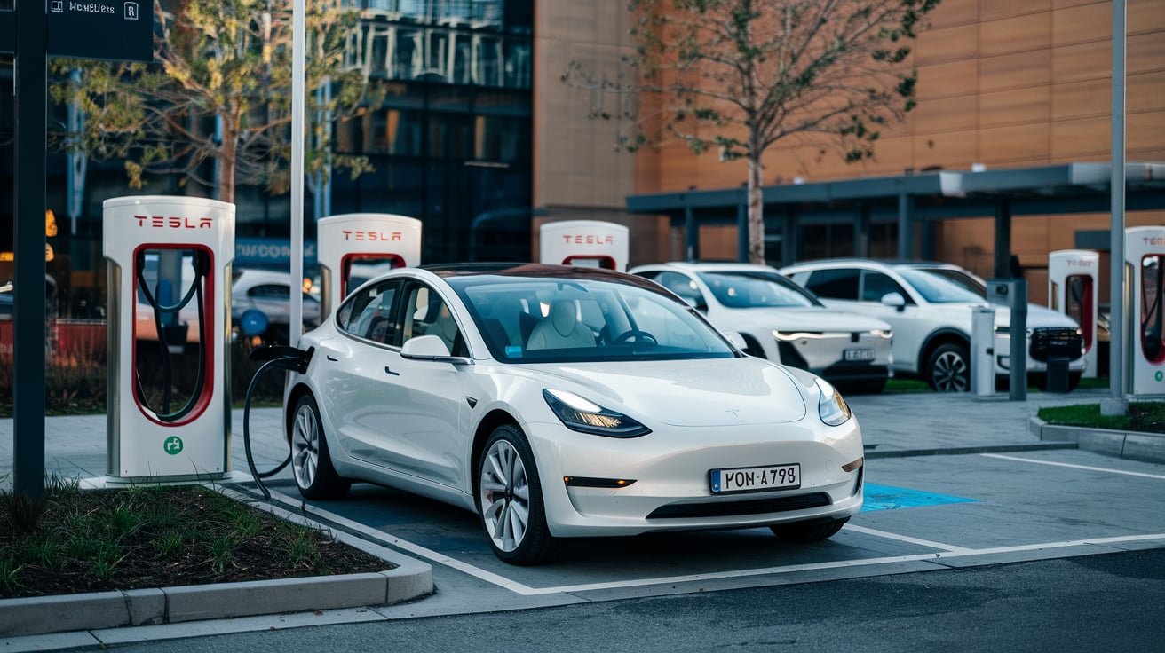 Electric car at a charging station as businesses adapt to change.