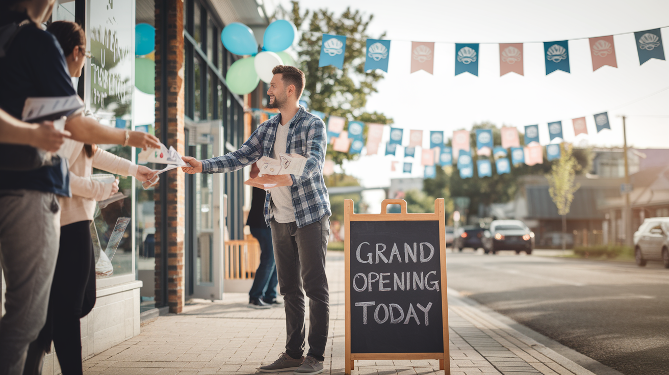 Local business owner handing out flyers during a grand opening event, showcasing low-cost marketing ideas.