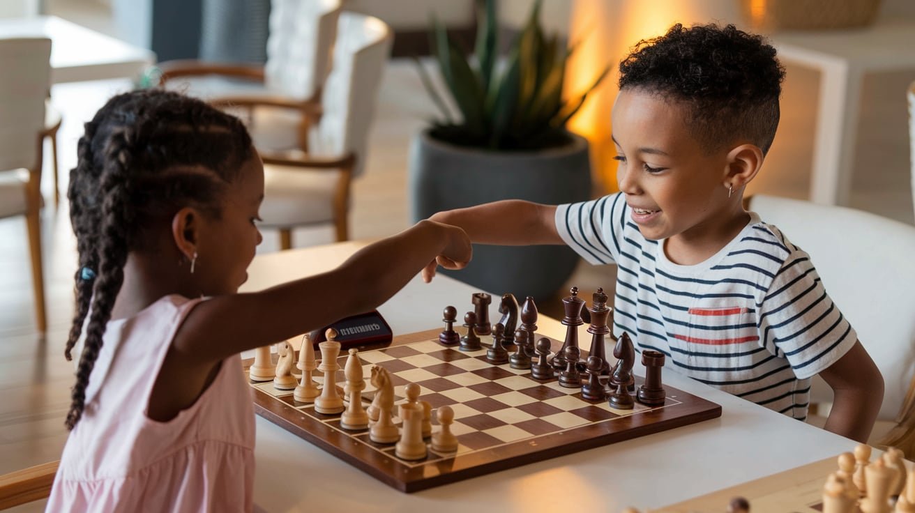 Two children playing chess together as part of kid-friendly activities.