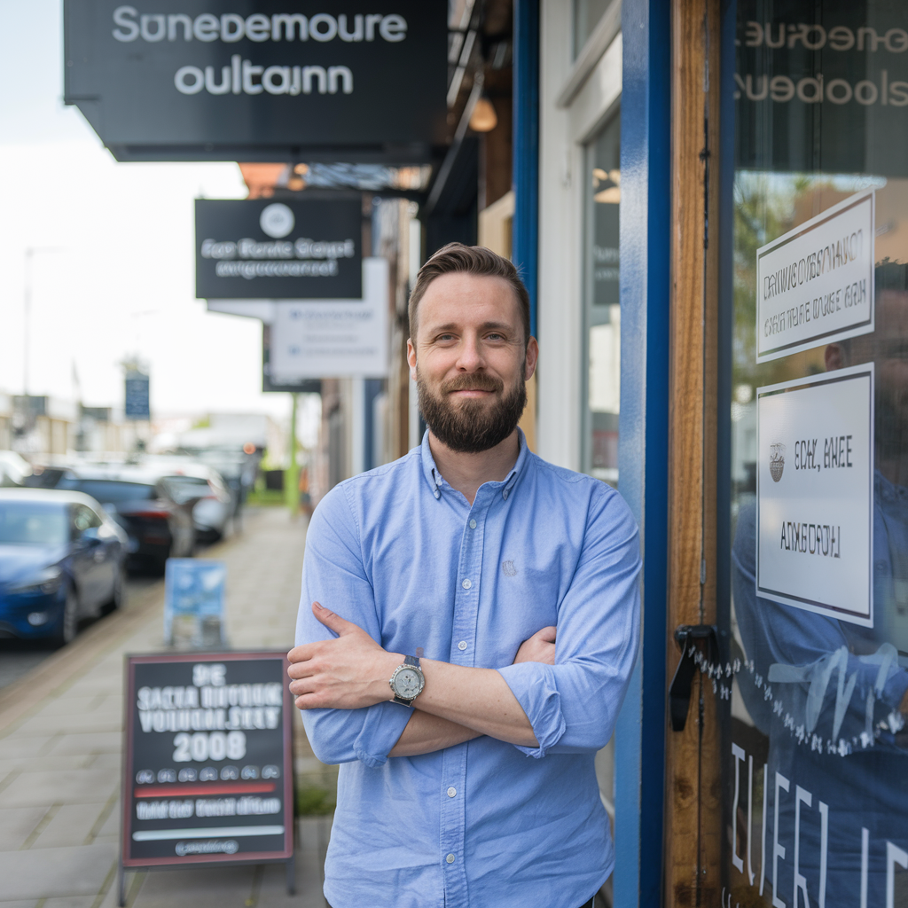 Small business owner standing confidently outside his shop.