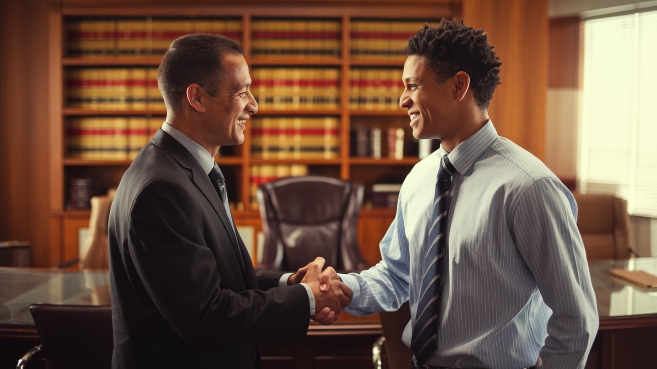 Two men shaking hands in an office, symbolizing a family business passed down.