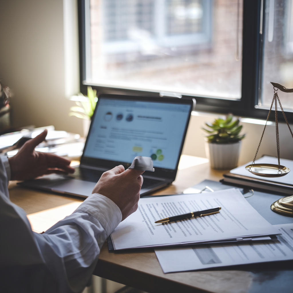 Small business owner reviewing documents while working on a laptop.