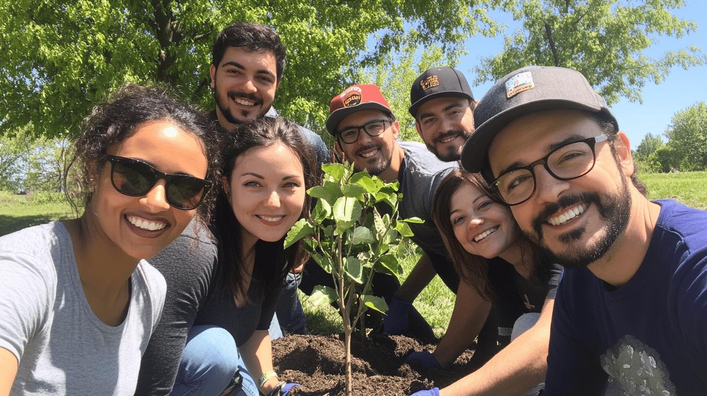 a group of people posing for a photo with a seedling - Apple giving back