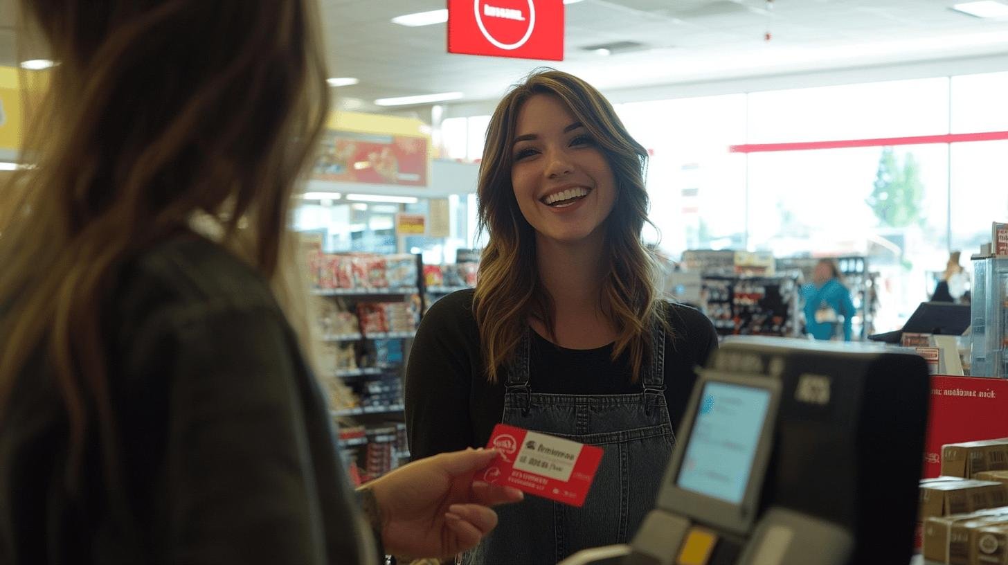 Smiling customer using a reward card at checkout, highlighting the Reward Point System for Customers.