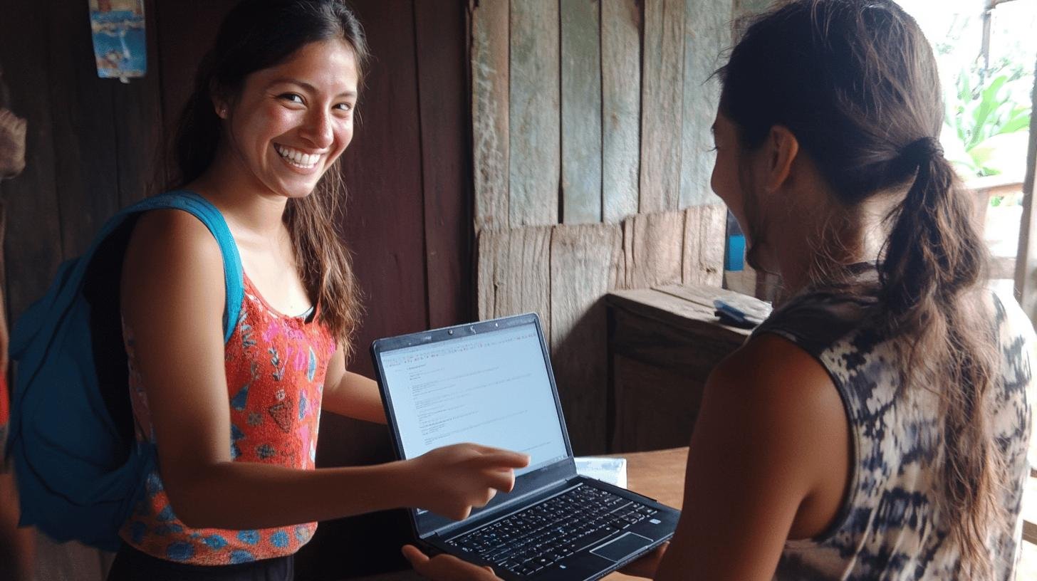 Two women collaborating on a laptop, highlighting AT&T Give Back to the Community initiative.