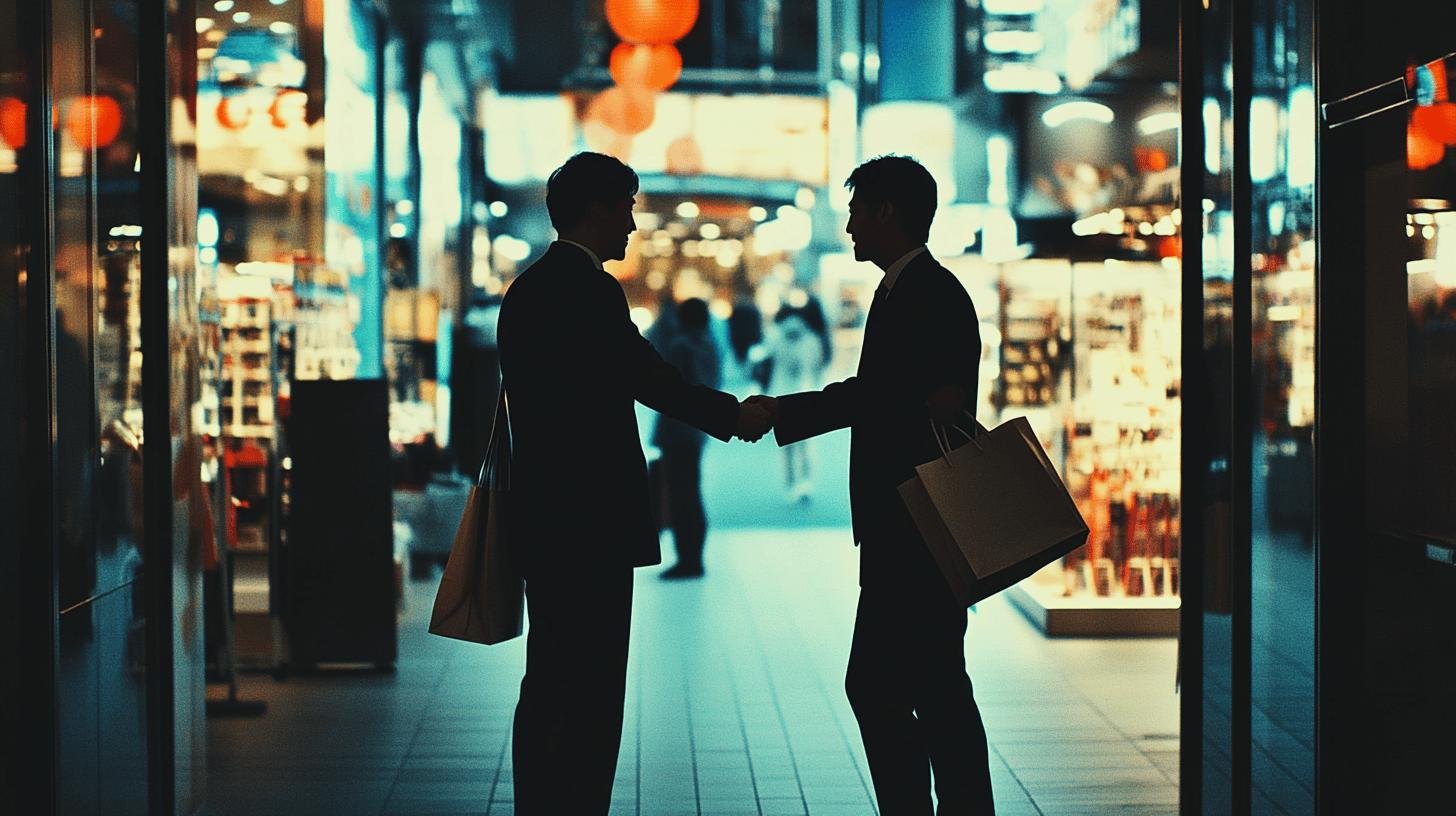 Two business professionals shaking hands in a retail setting, illustrating strategic alliances to tackle competition in retail business.