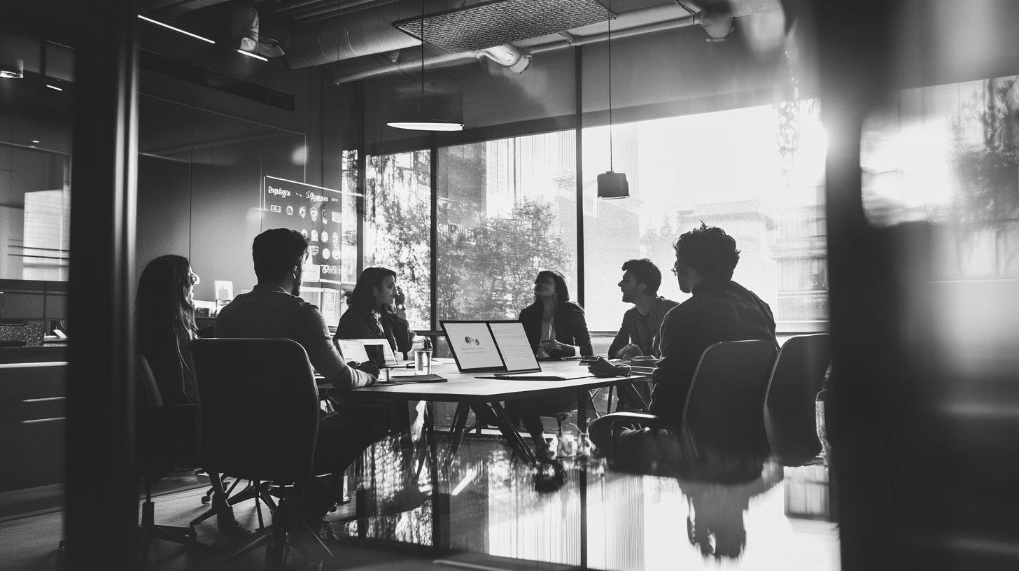 Group discussion in a conference room exploring the question: Does Freedom of Speech Apply to Social Media?